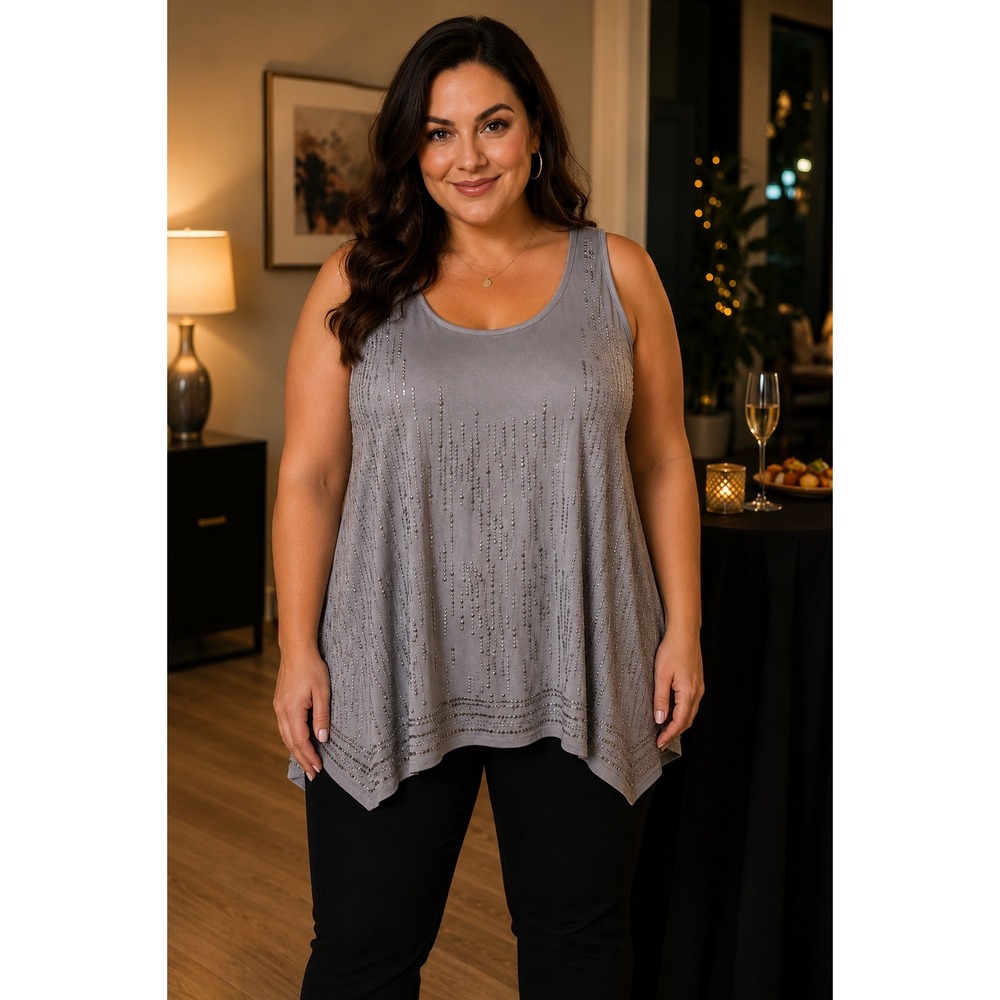 Lane Bryant Grey Rhinestone Embellished Sharkbite Tunic Tank Top Sz 14/16 NWOT